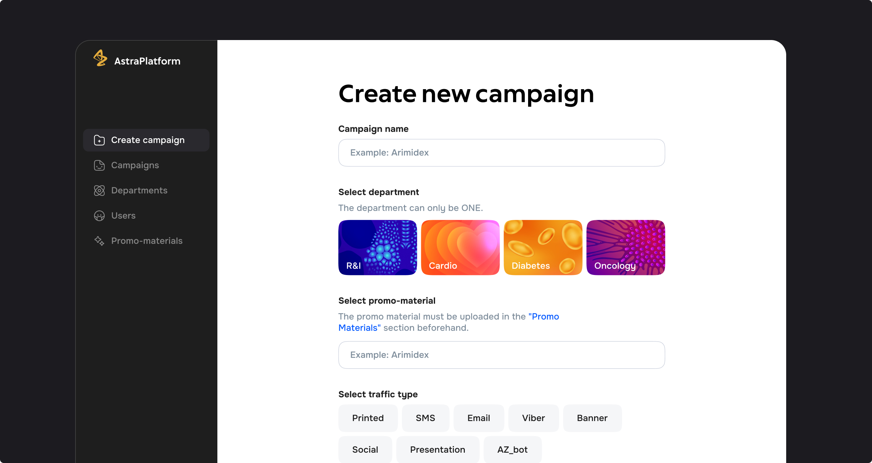 can create new campaign with name, department, promo-material and traffic type