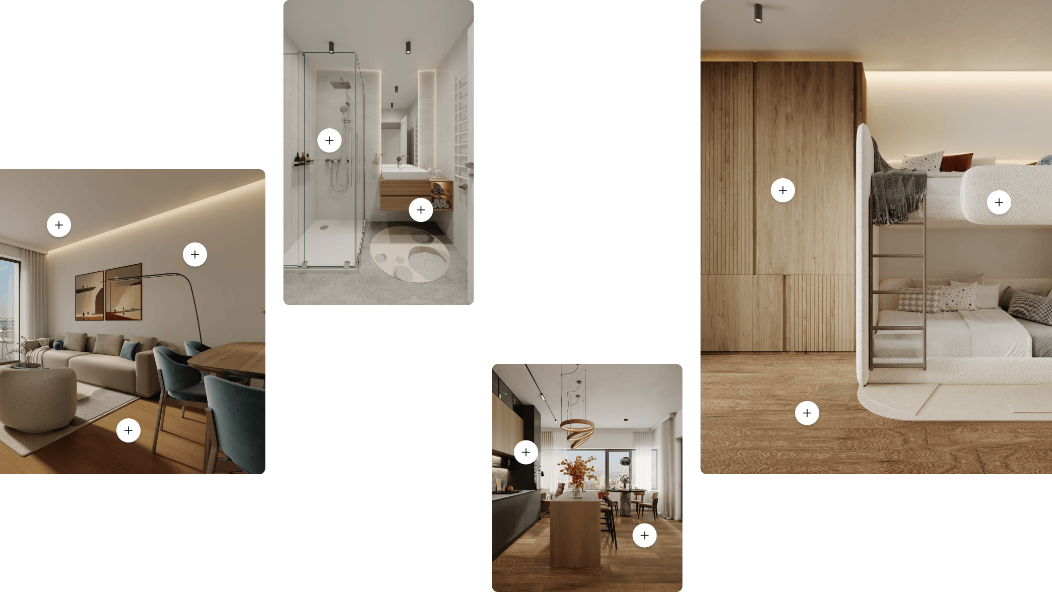 Interiéry moderního bytu se světlým nábytkem, koupelna se sprchovým koutem, obývací pokoj s pohovkou, jídelna s ostrůvkem a kuchyňská linka, dětský pokoj s palandou a dřevěnou skříní.