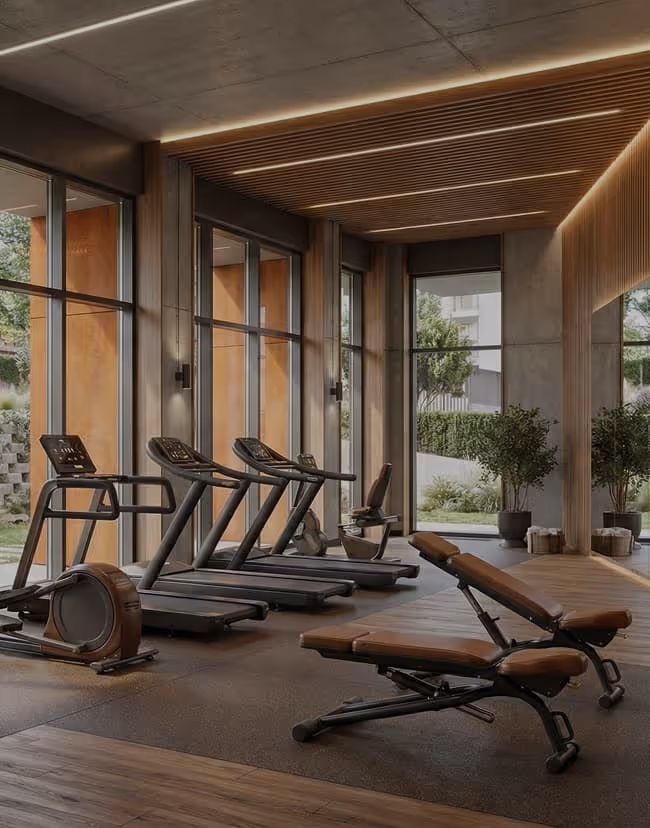 Modern gym with treadmills, rowing machine, adjustable benches, large windows, and wooden ceiling slats.