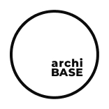 Jednoduché kulaté logo s černým okrajem a textem "archi BASE" ve spodní části vnitřku kruhu.