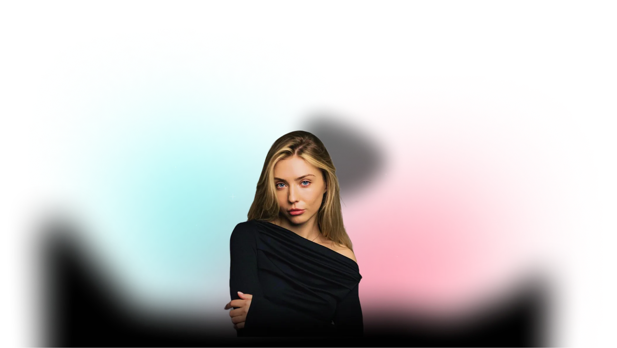 Blonde woman in a black off-shoulder top posing against a blurred blue and red gradient background.