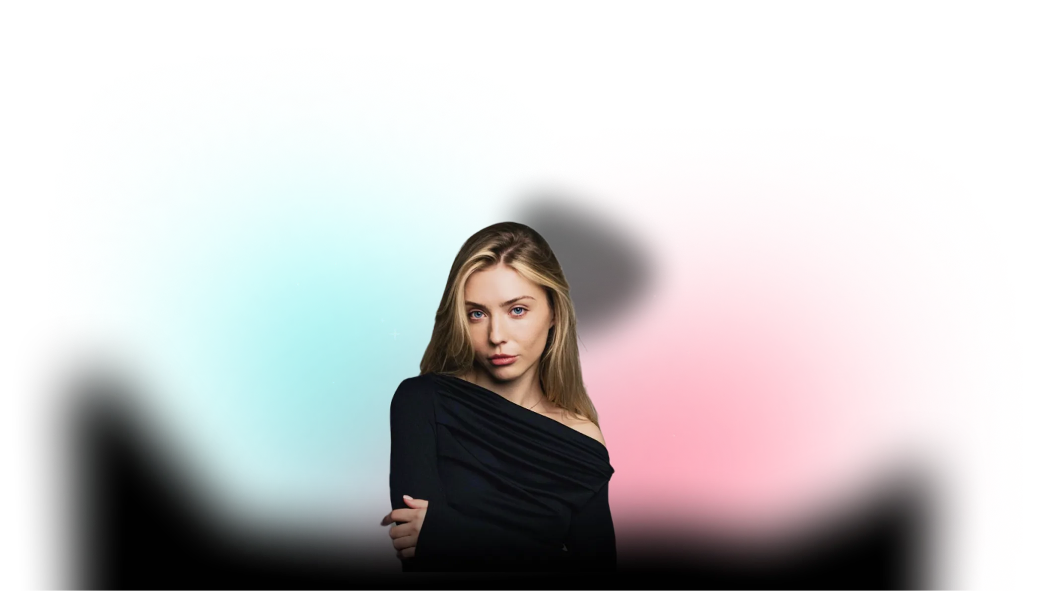 Blonde woman in a black off-shoulder top posing against a blurred blue and red gradient background.