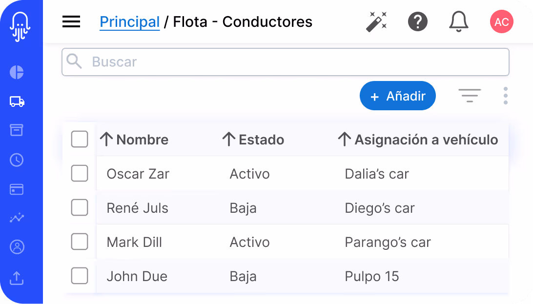 pantalla de la app pulpo que muestra flota: conductores