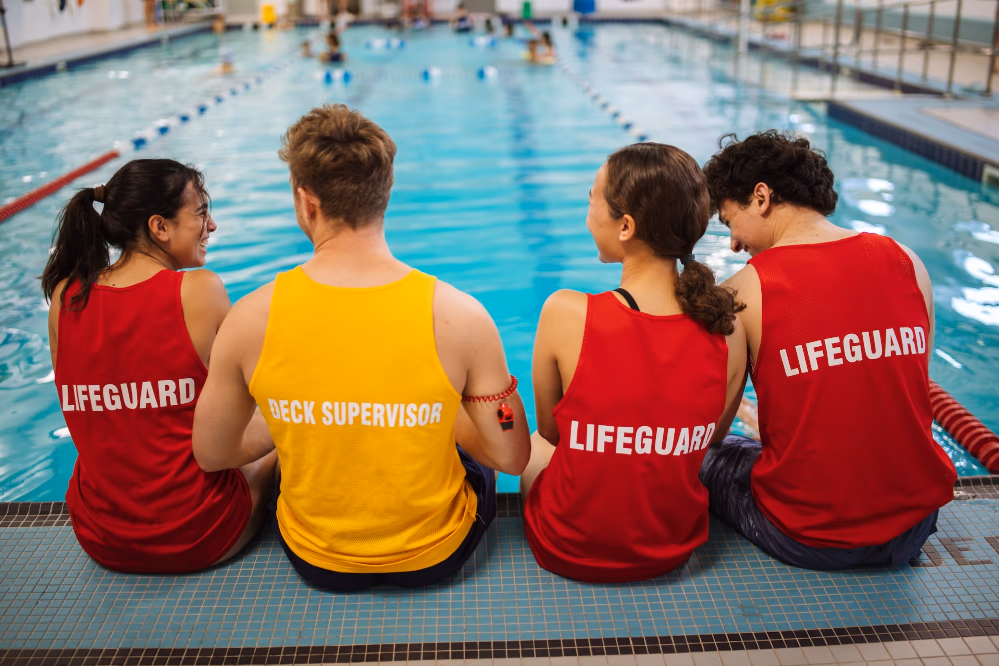 Two lifeguards and a deck supervisor sitting by the edge of an indoor swimming pool, facing the water.