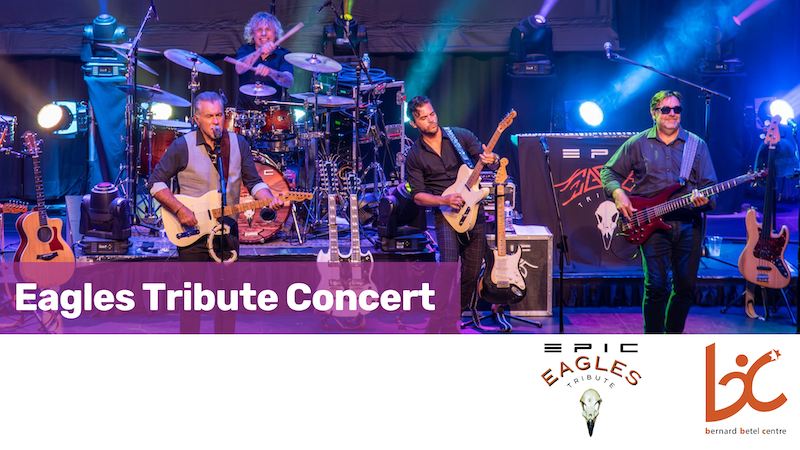 Four-member band performing live on stage with guitars and drums under blue and purple lighting, text reads 'Eagles Tribute Concert'.