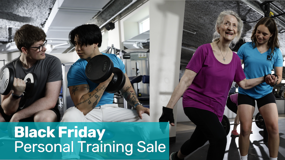 Two men lifting dumbbells and a female trainer assisting an elderly woman exercising in a gym, with text promoting Black Friday personal training sale.