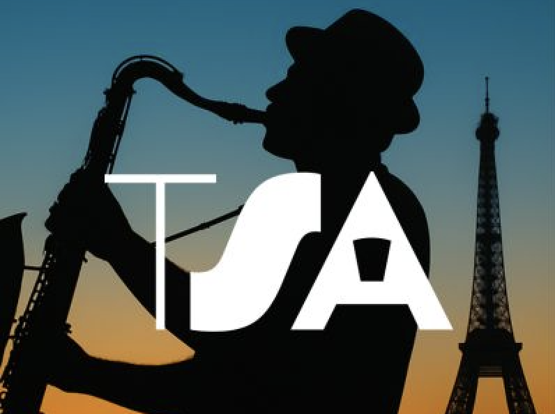 Silhouette of a man in a hat playing saxophone at sunset with the Eiffel Tower in the background and TSA logo overlay.