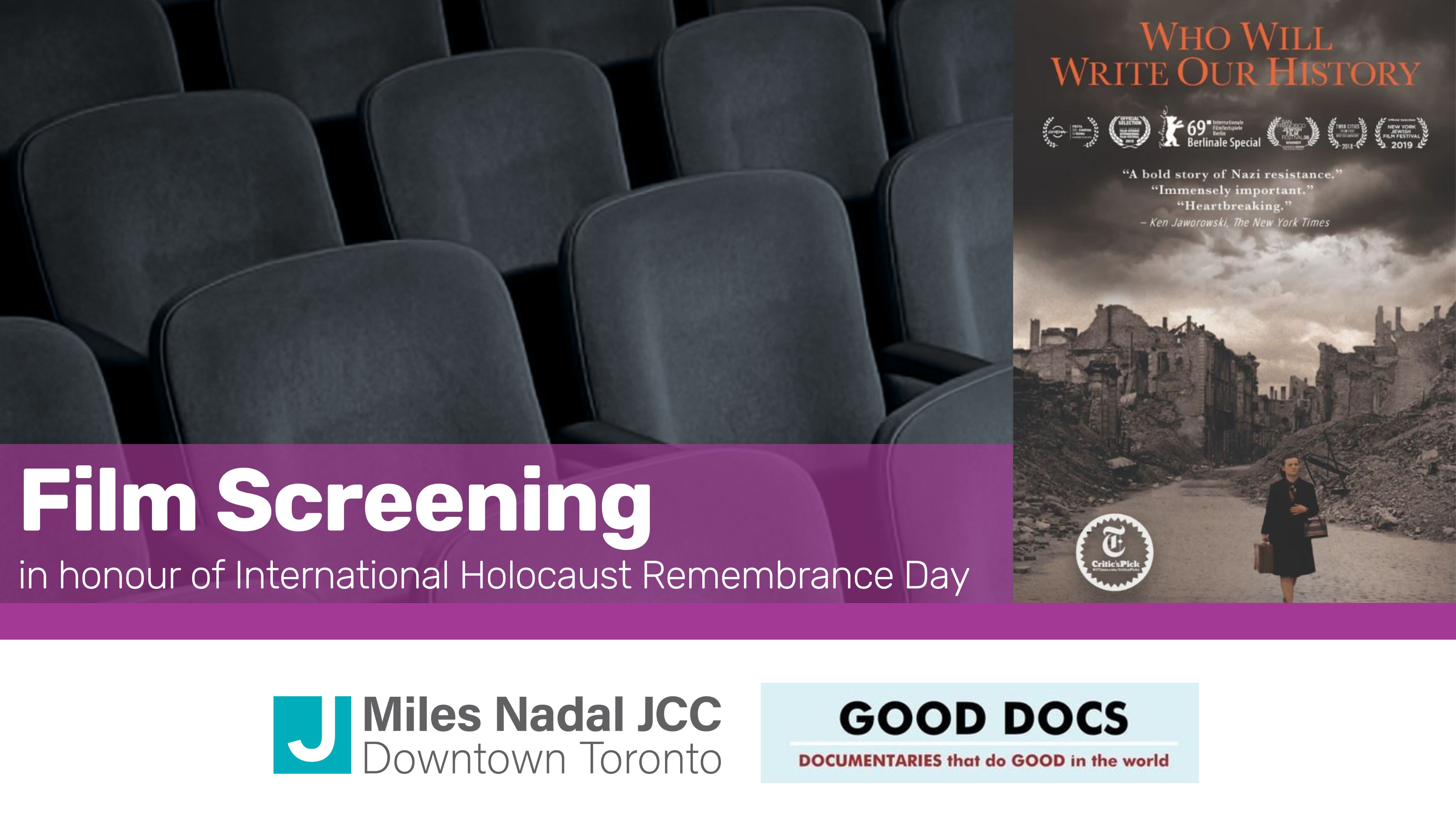 Film screening announcement for 'Who Will Write Our History' in honor of International Holocaust Remembrance Day with empty theater seats on the left and the film poster showing ruins and a woman walking on the right.