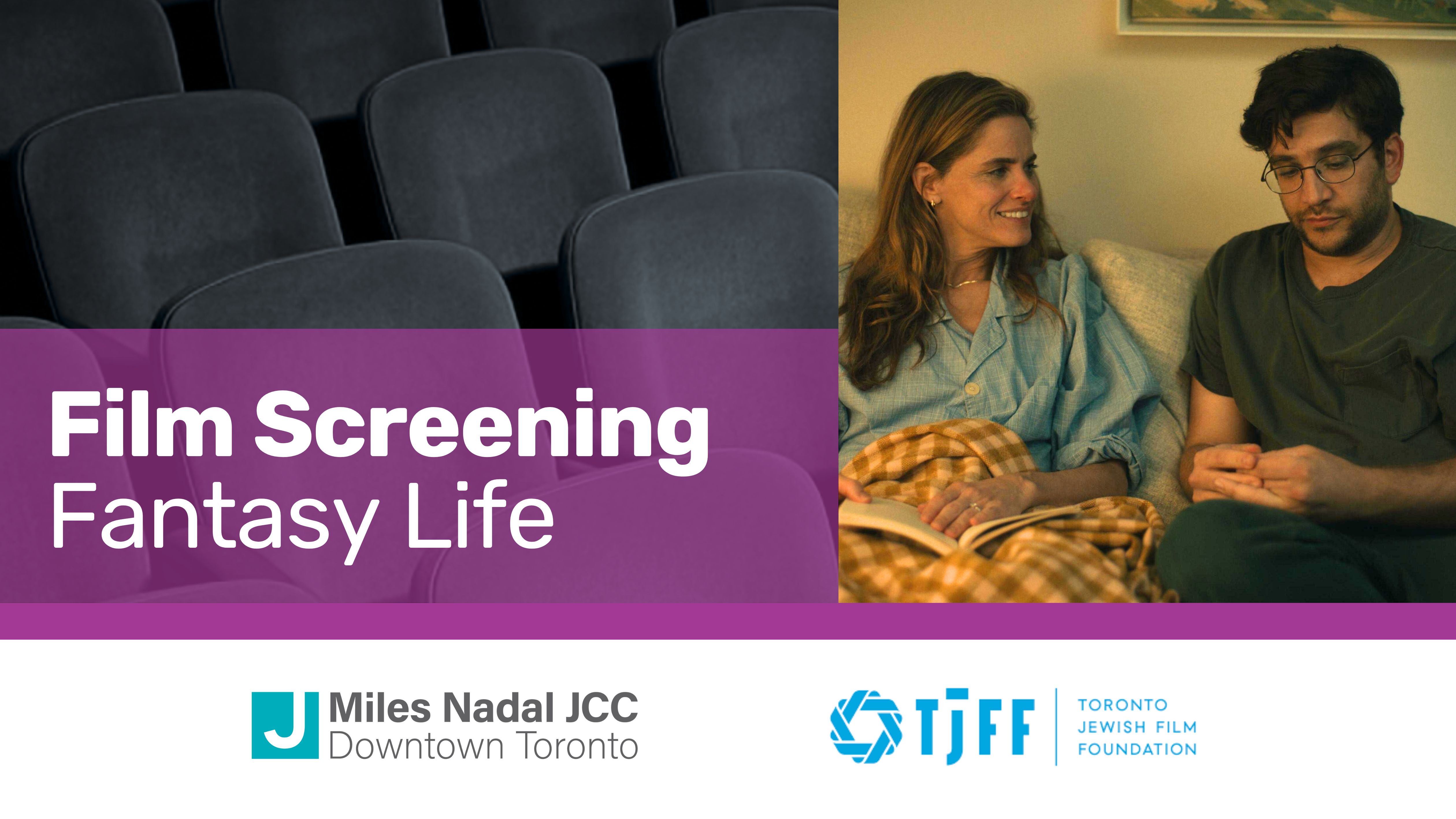 Promotional image for a film screening of Fantasy Life featuring empty theater seats on the left and a woman smiling at a man sitting on a couch covered by a checkered blanket on the right.