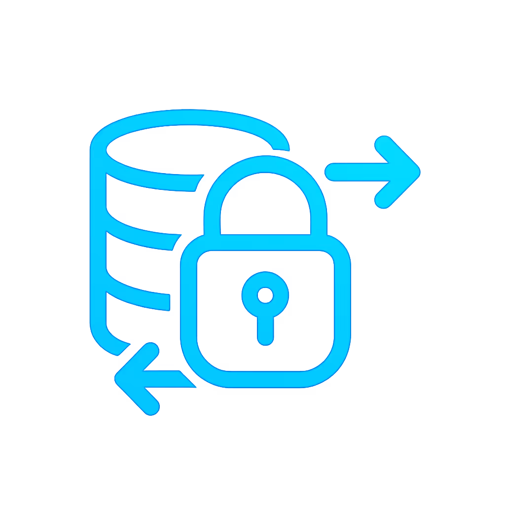 Glowing blue neon icon of a locked database with left and right arrows indicating secure data transfer.