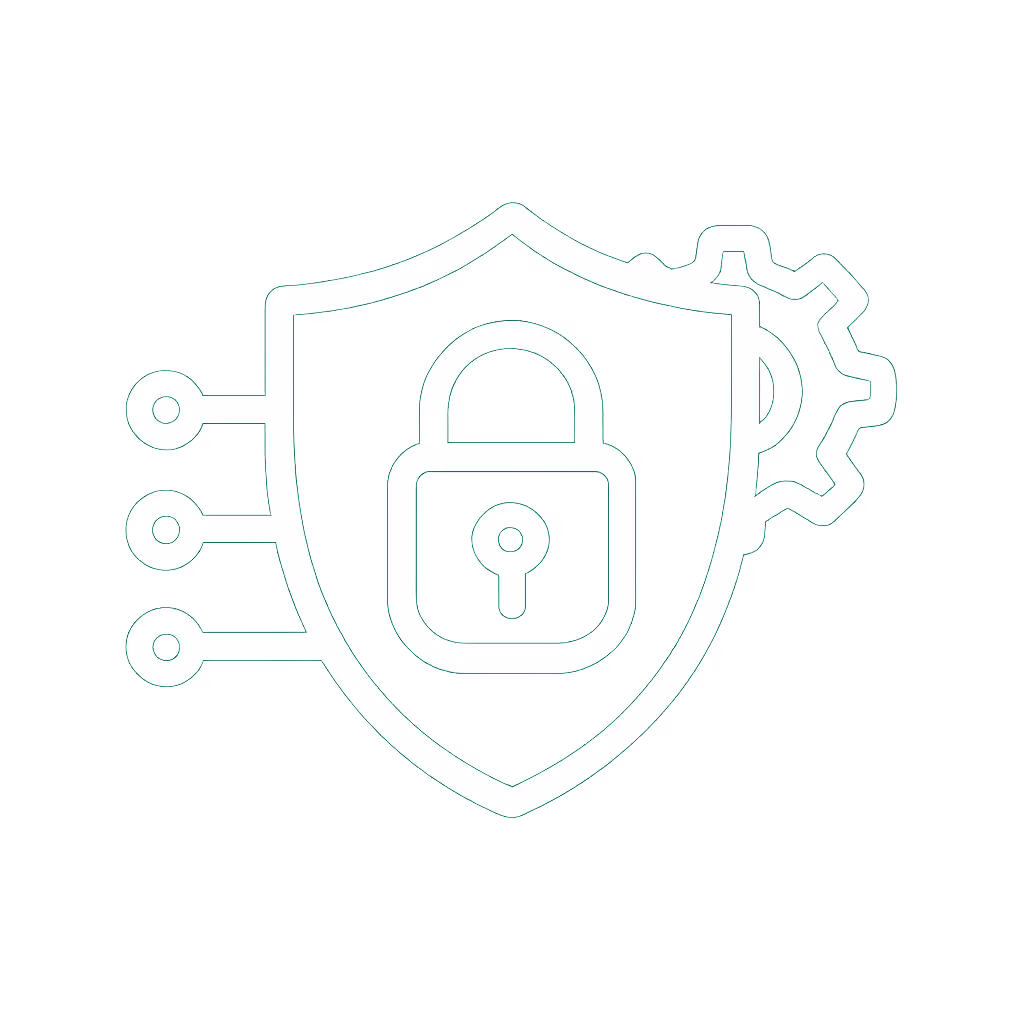 Glowing white shield with a padlock emblem and a gear on a green gradient background symbolizing cybersecurity and protection.