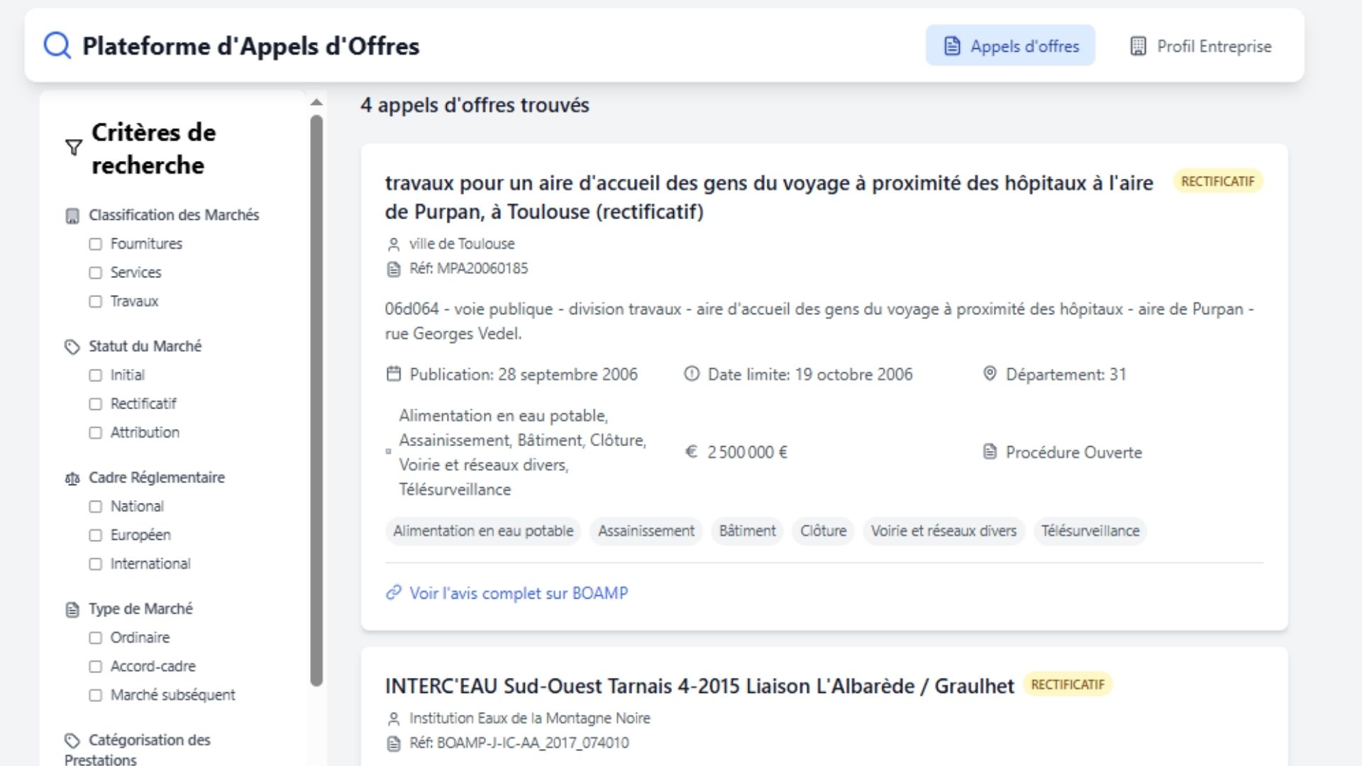 Plateforme pour appels d'offres