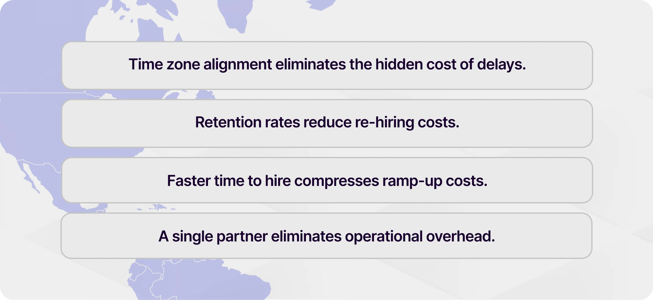 Time zone alignment eliminates the hidden cost of delays. Retention rates reduce re-hiring costs. Faster time to hire compresses ramp-up costs. A single partner eliminates operational overhead.