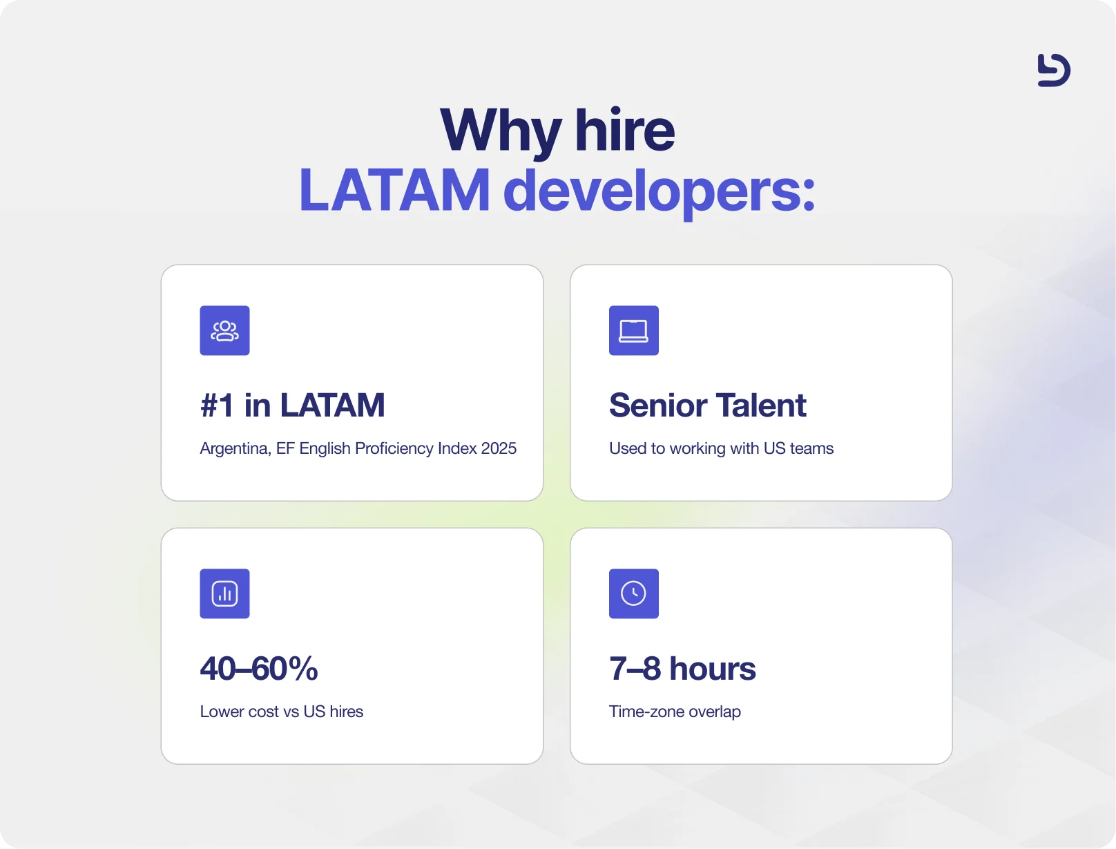 Benefits of hiring LATAM developers: lower cost, US time zones, English proficiency and senior talent