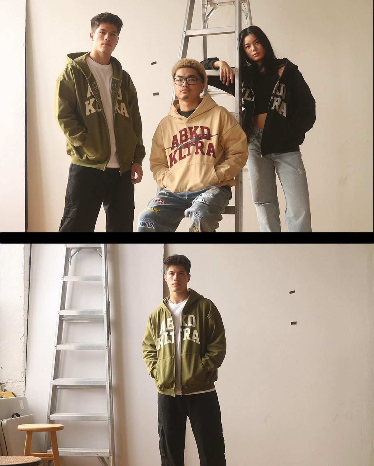 Luke Embers posing with 2 other models on a ladder for an Abakada photoshoot.