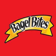 Bagel Bites brand logo with black and white text on a yellow banner against a red background.