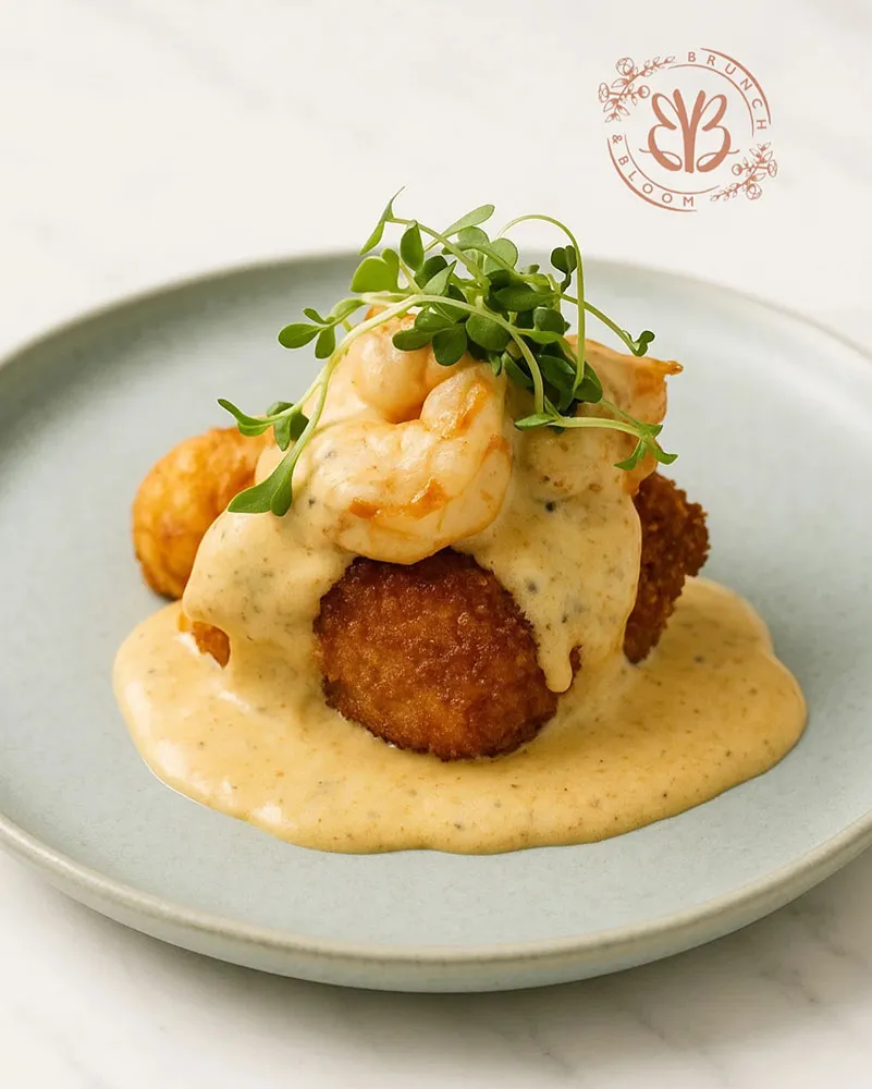Sauteed shrimp with garlic, butter & scallions over a fried grits cake with cajun cream sauce
