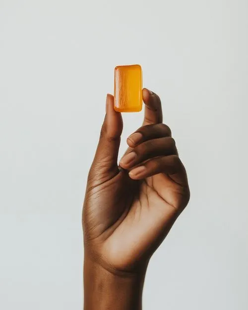 A hand holding a piece of orange soap.