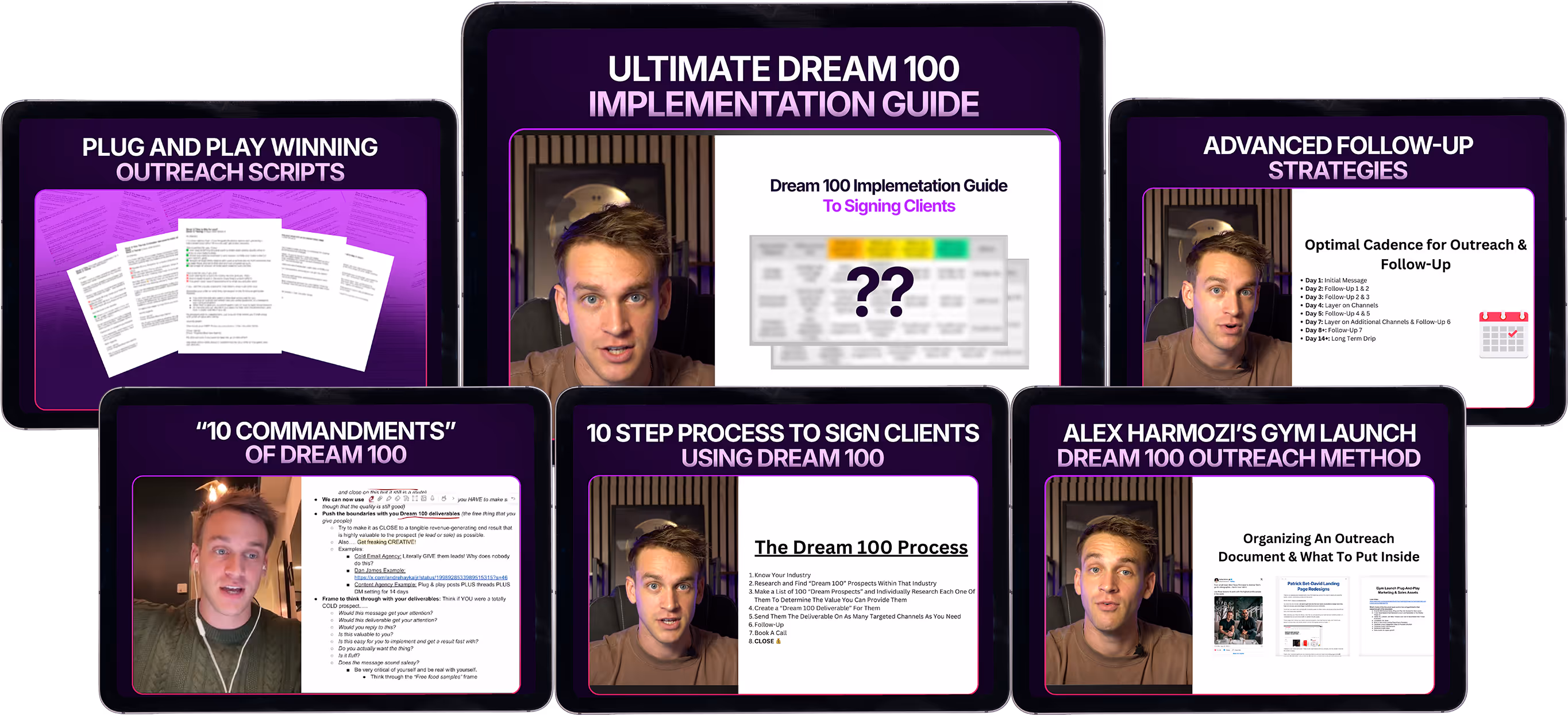 Cover page of 'The Ultimate Dream 100 Implementation Guide' by Sell More Online, showing an anime-style woman pointing to a chalkboard labeled 'Dream 100 Scaling' with stacks of money on a desk and a cityscape view outside the window.