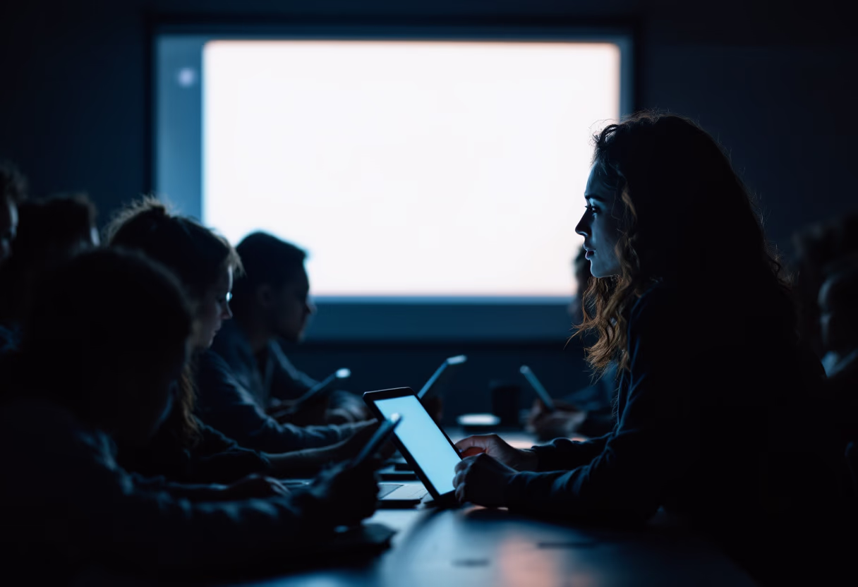 image of a teacher interacting with students using digital tools (for an edtech)