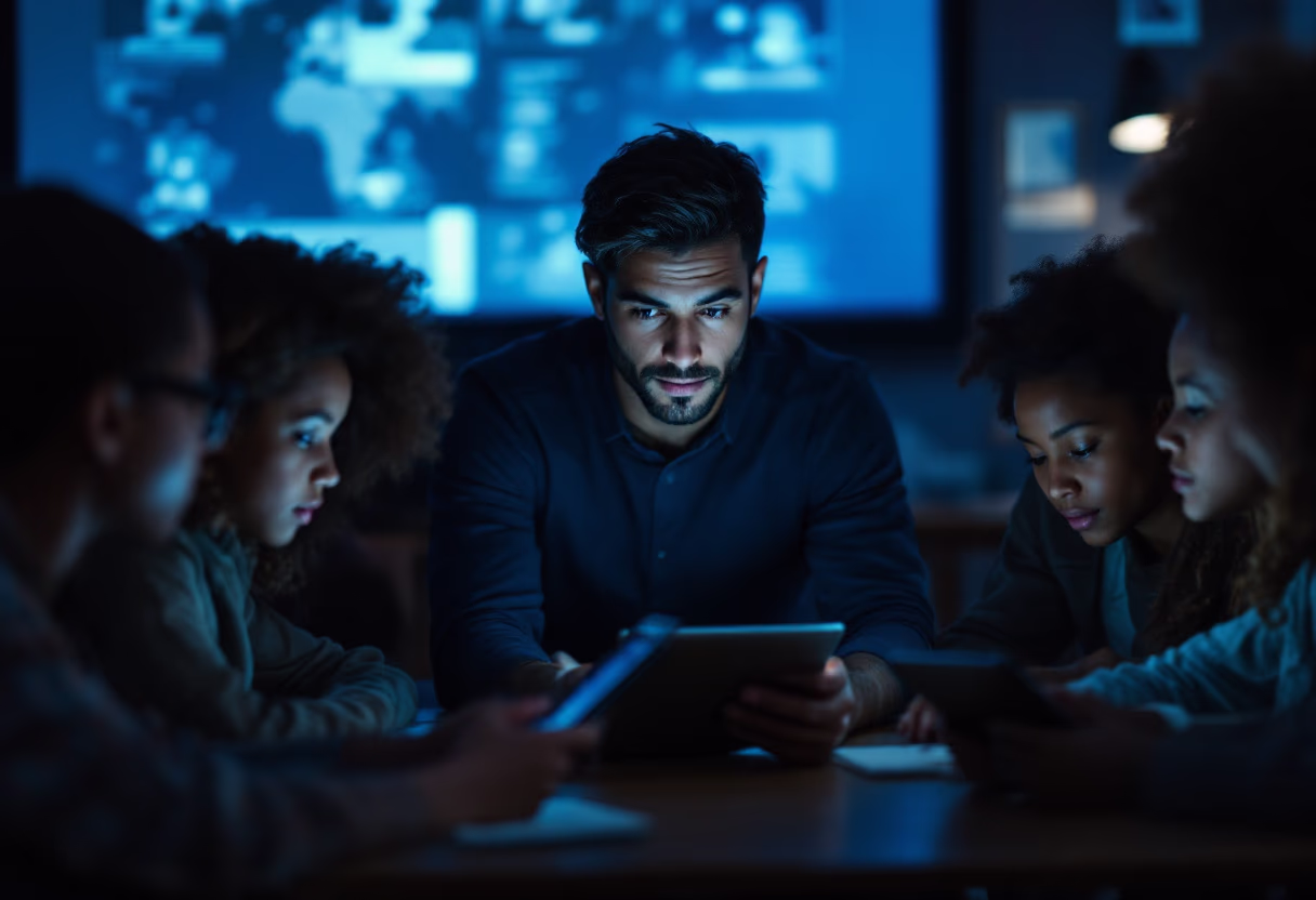 image of a teacher interacting with students using digital tools (for an edtech)