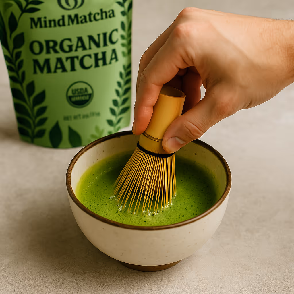 Mixing matcha with bamboo whisk, next to organic matcha package
