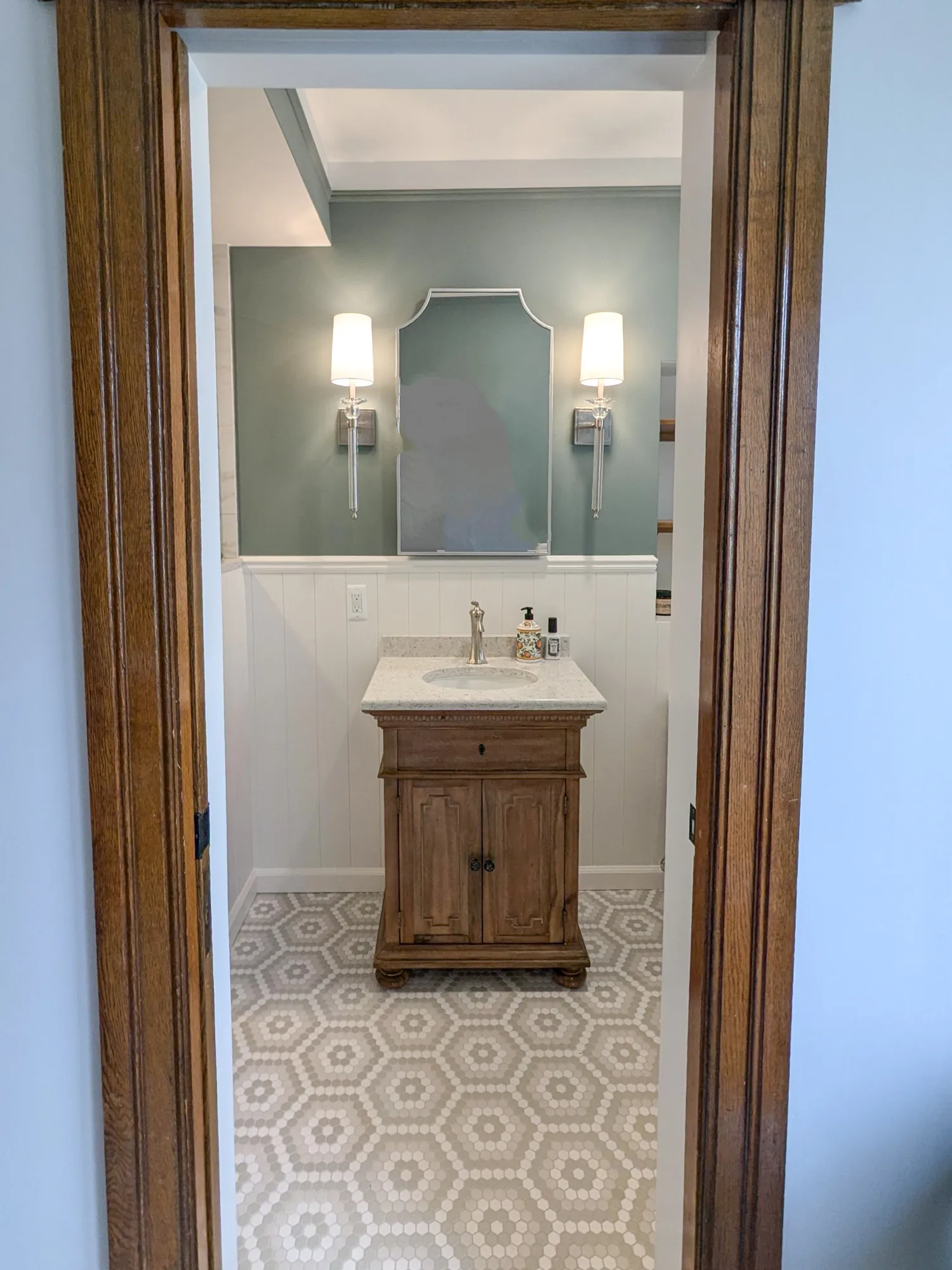 Small bathroom with wooden vanity