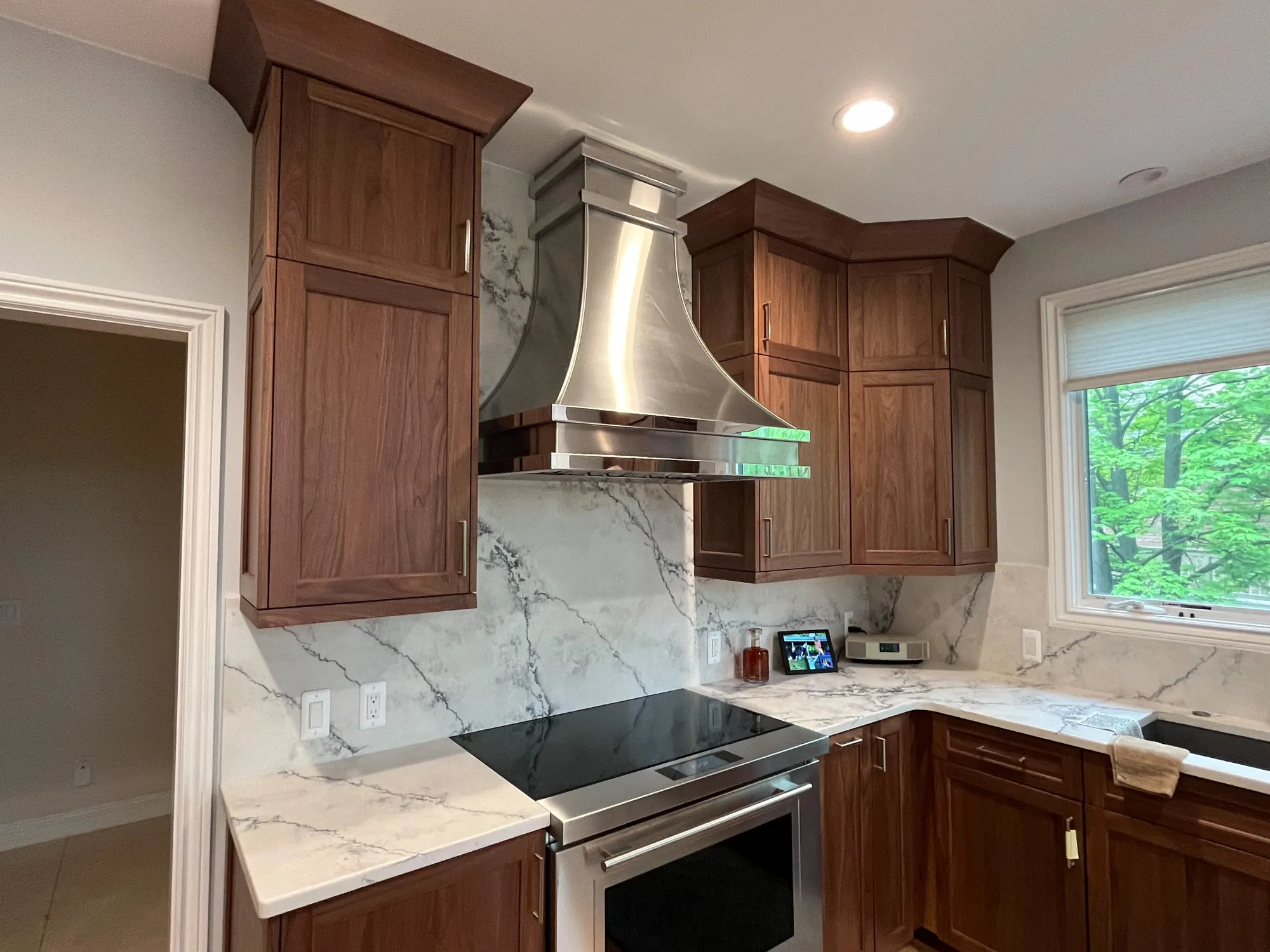 Modern kitchen with marble backsplash and dark wood cabinets in plymouth, michigan