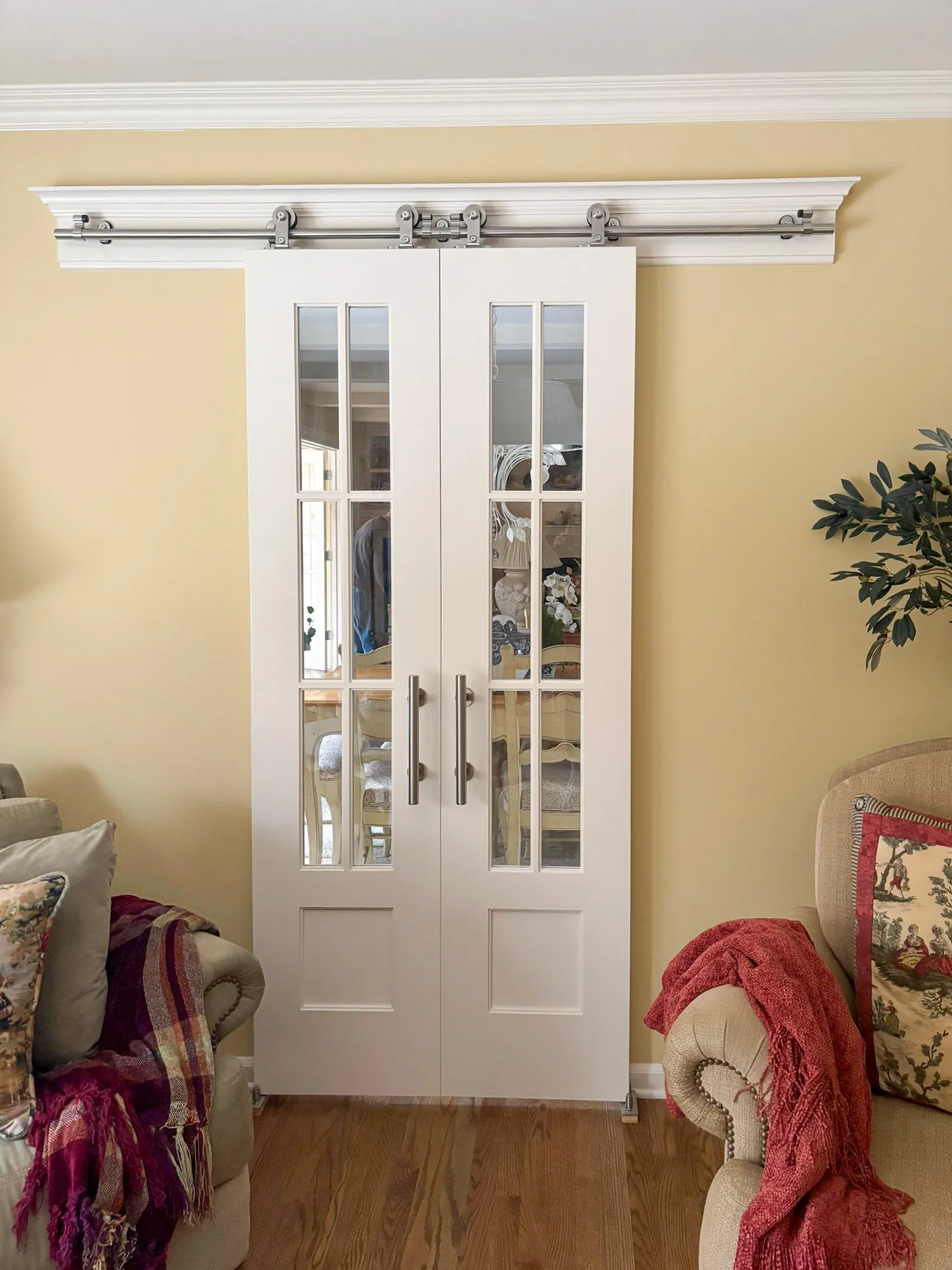 Contemporary living room with white barn doors and wooden flooring, featuring plush sofas and decorative textiles