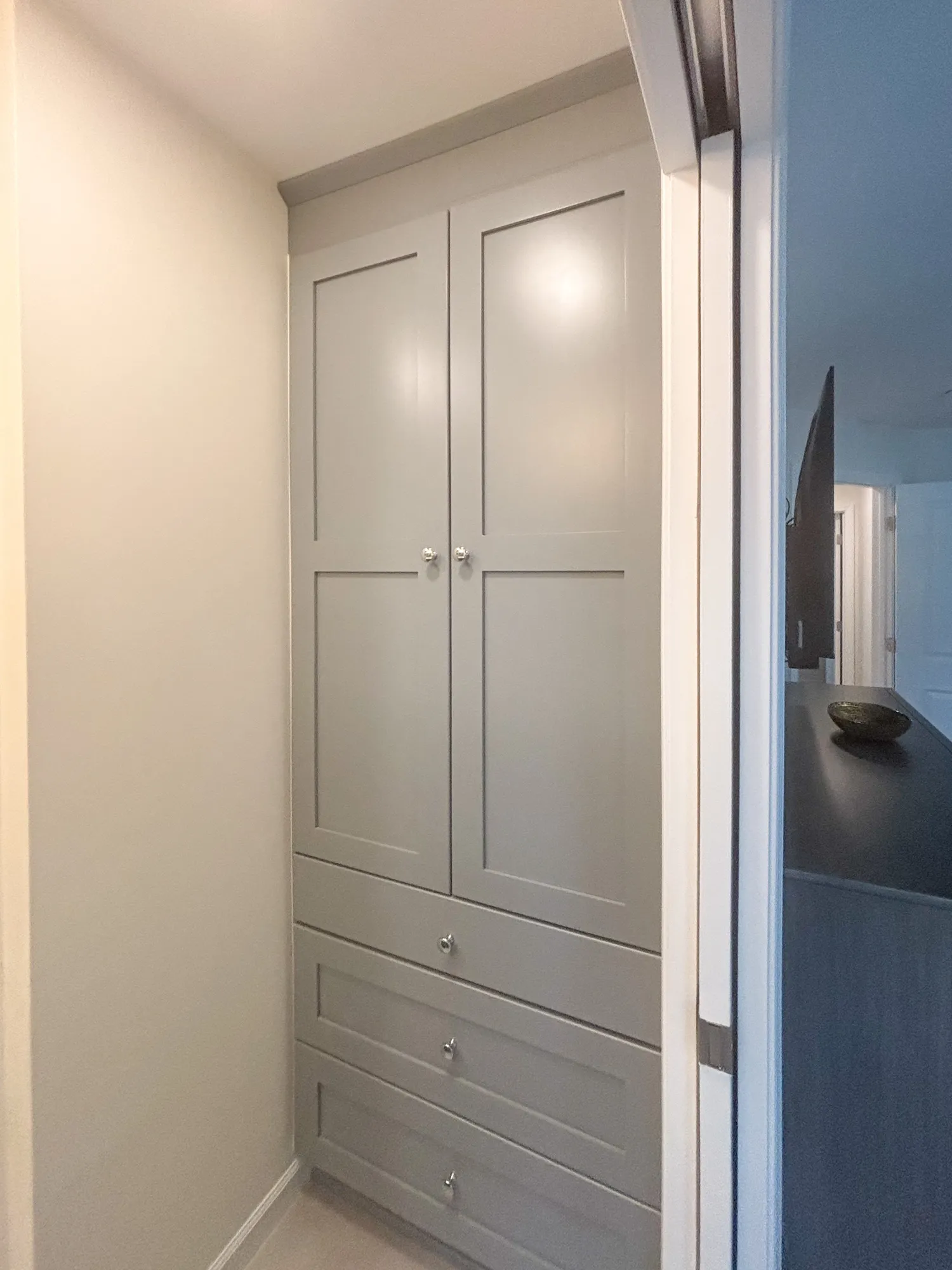 Contemporary hallway closet featuring gray cabinetry and sleek drawer pulls, ideal for maximizing storage space.