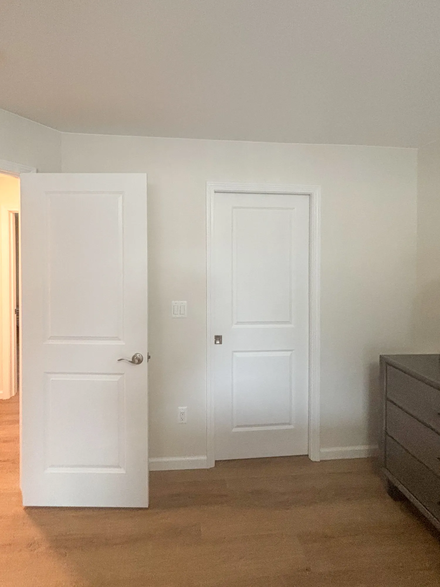 Minimalist bedroom featuring white doors, natural wood flooring, and neutral walls.