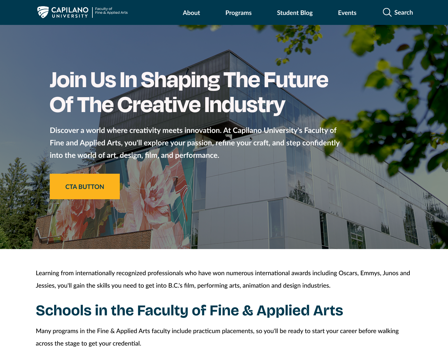 Capilano University Faculty of Fine & Applied Arts webpage showing a modern building with floral murals, menu bar, headline about shaping the future of the creative industry, and a yellow call-to-action button.