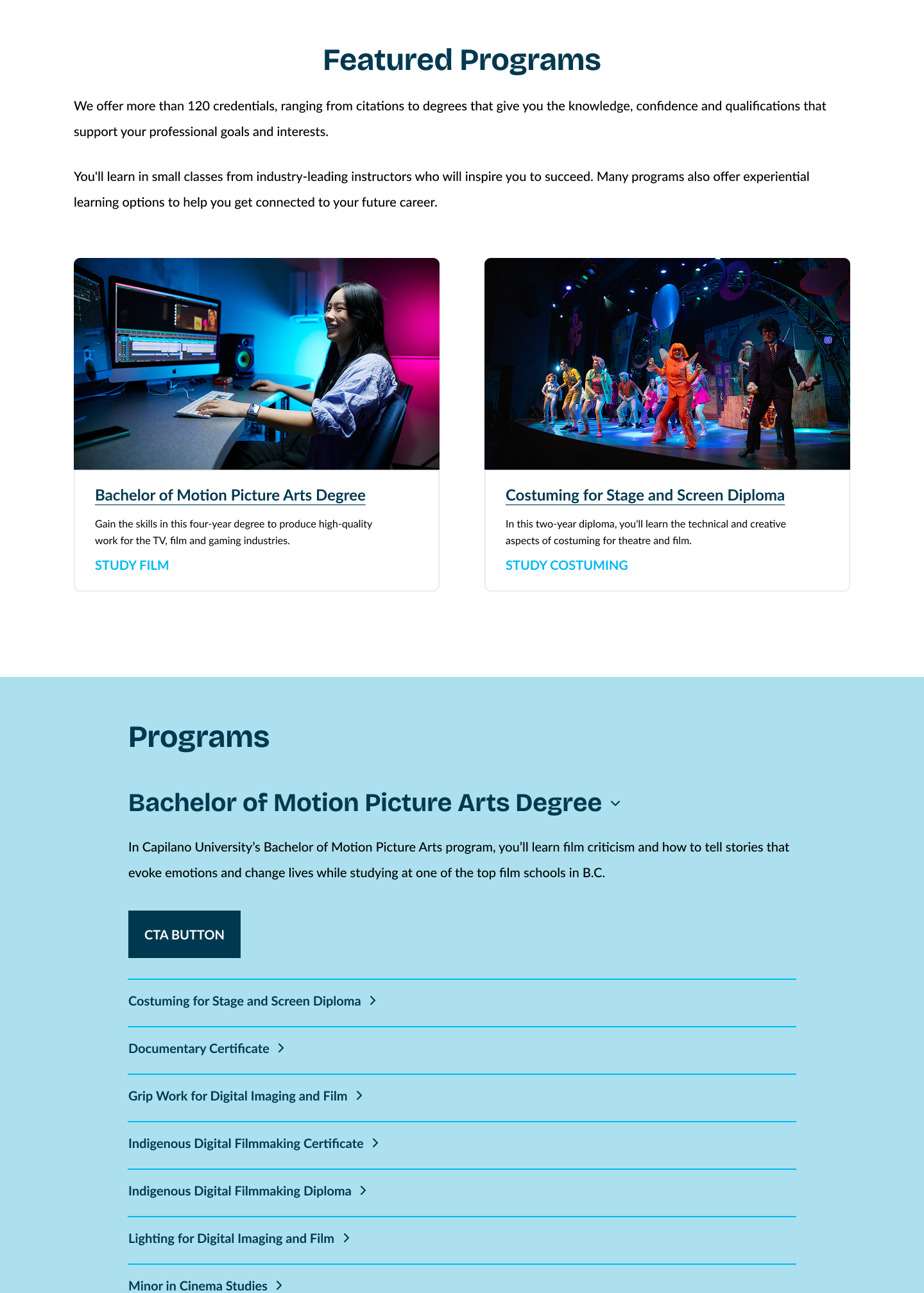 Webpage showcasing Featured Programs with images and descriptions for Bachelor of Motion Picture Arts Degree and Costuming for Stage and Screen Diploma, plus a list of related programs below.