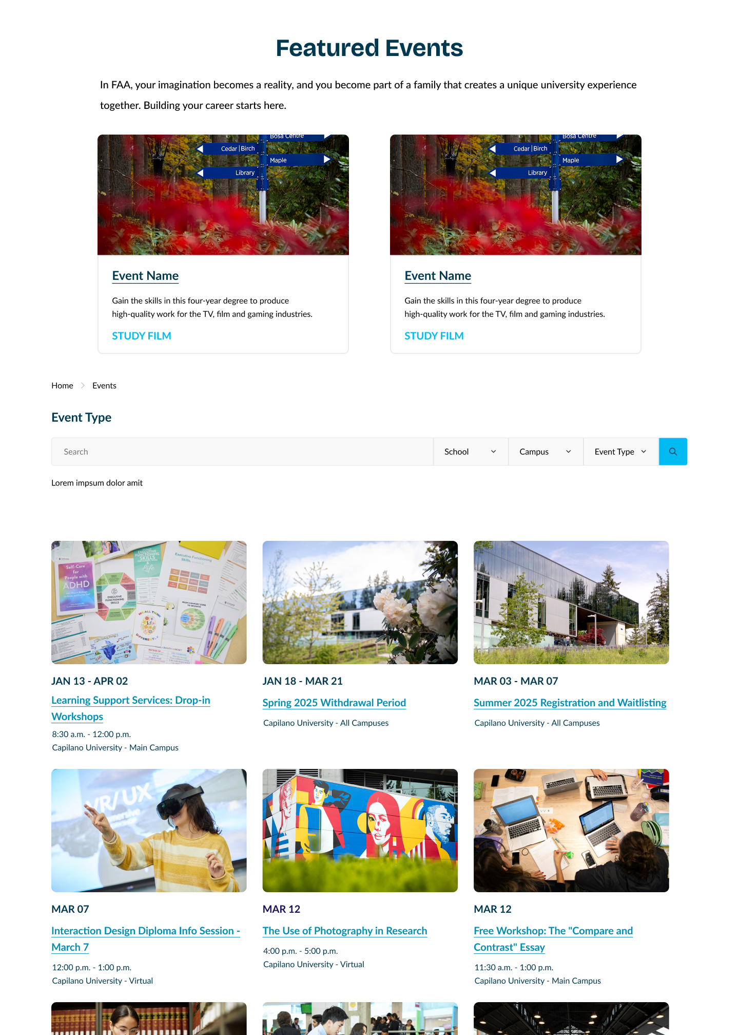 University events page showing event listings with dates, titles, descriptions, and images of workshops, campus buildings, and students.
