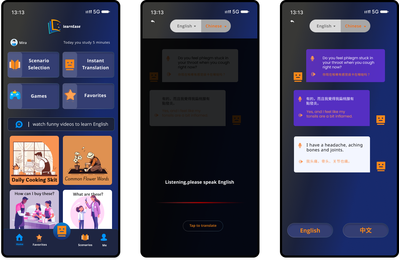 Three mobile app screens showing learnEase interface: main menu with study options, real-time translation language selection with auto-detect toggle, and conversation translation between English and Chinese texts.