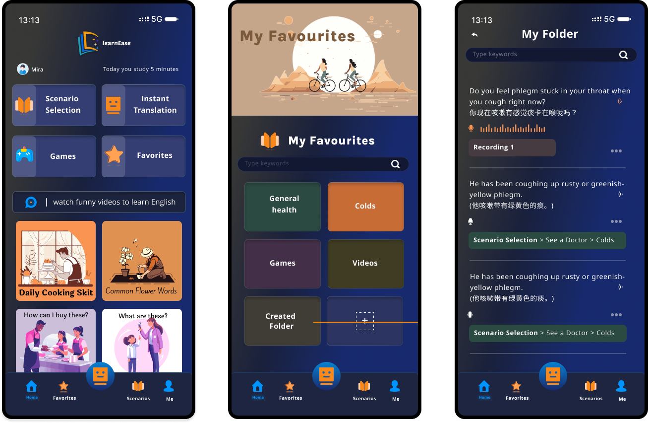 Three mobile app screens showing LearnEase interface with study options, favorites, and translated health-related text.