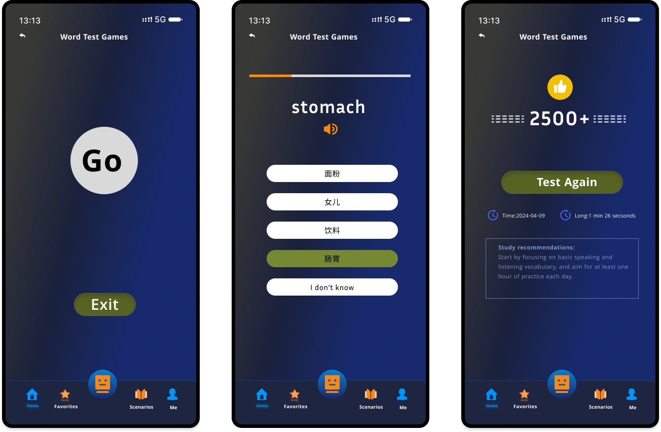 Three smartphone screens showing a word test game: the first with a large 'Go' button and an 'Exit' button; the second displays the word 'stomach' with five answer choices in Chinese and an option 'I don't know'; the third shows a score of 2500+ with a 'Test Again' button and study recommendations.