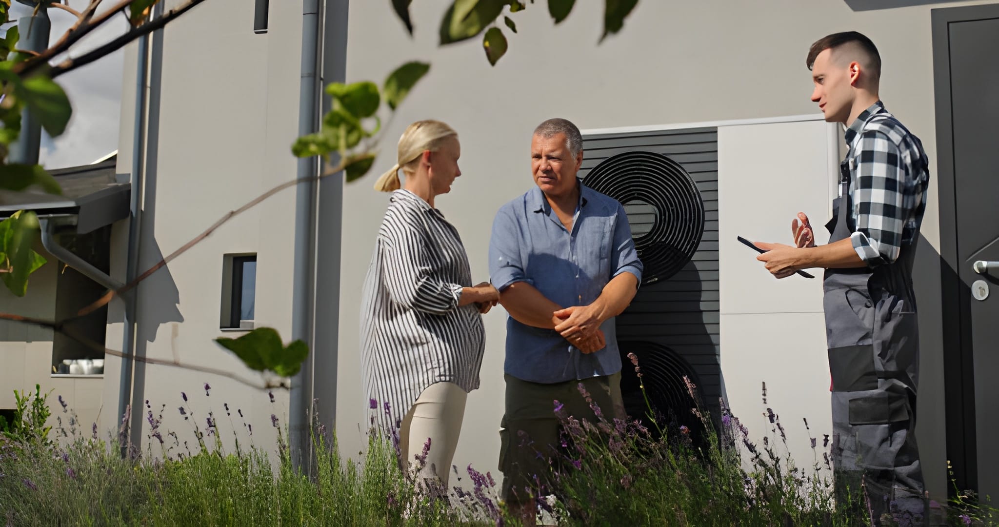 Three people discussing near heat pump with lavender plants in foreground