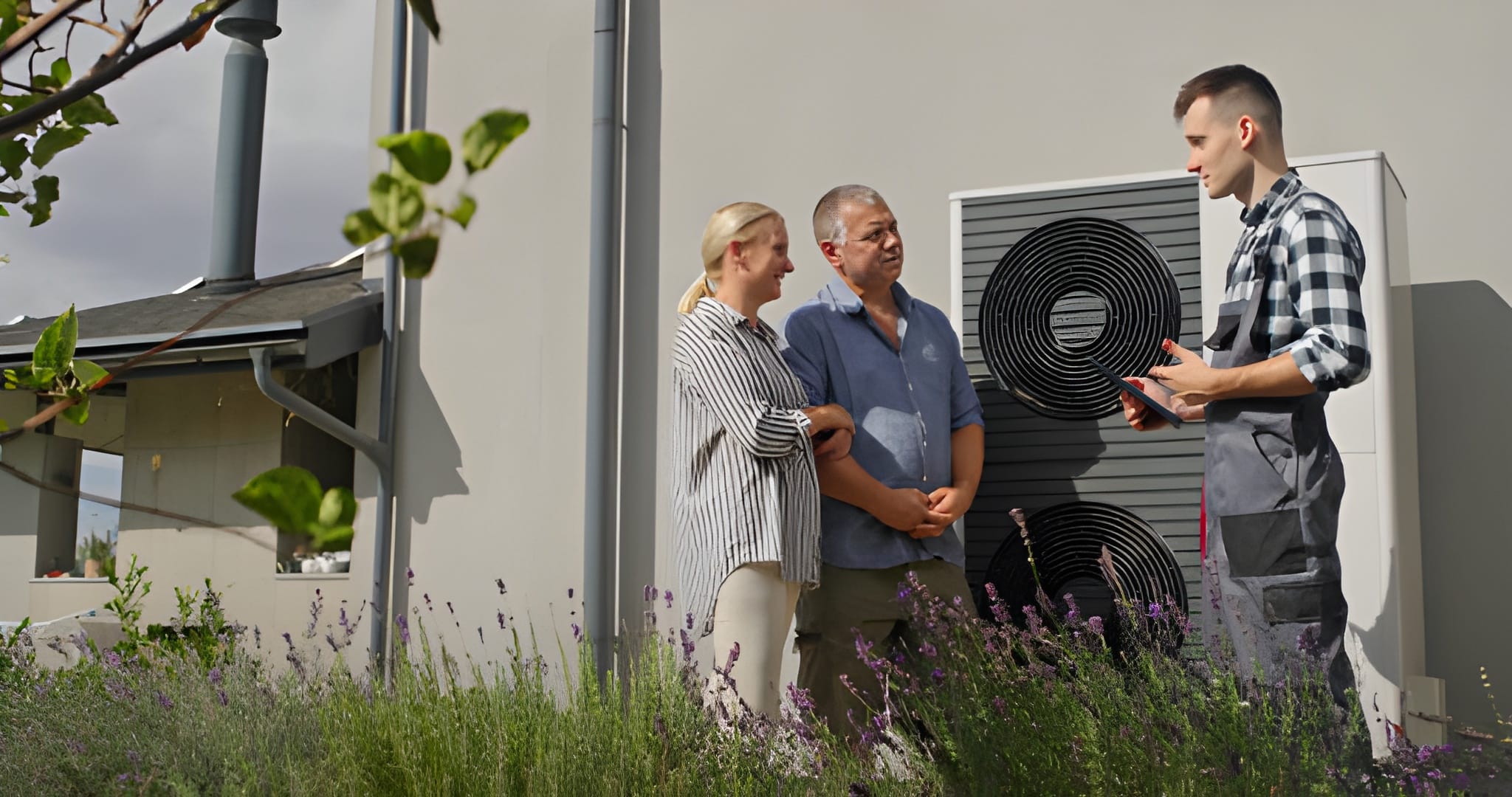Technician explaining heat pump system to couple near lavender garden