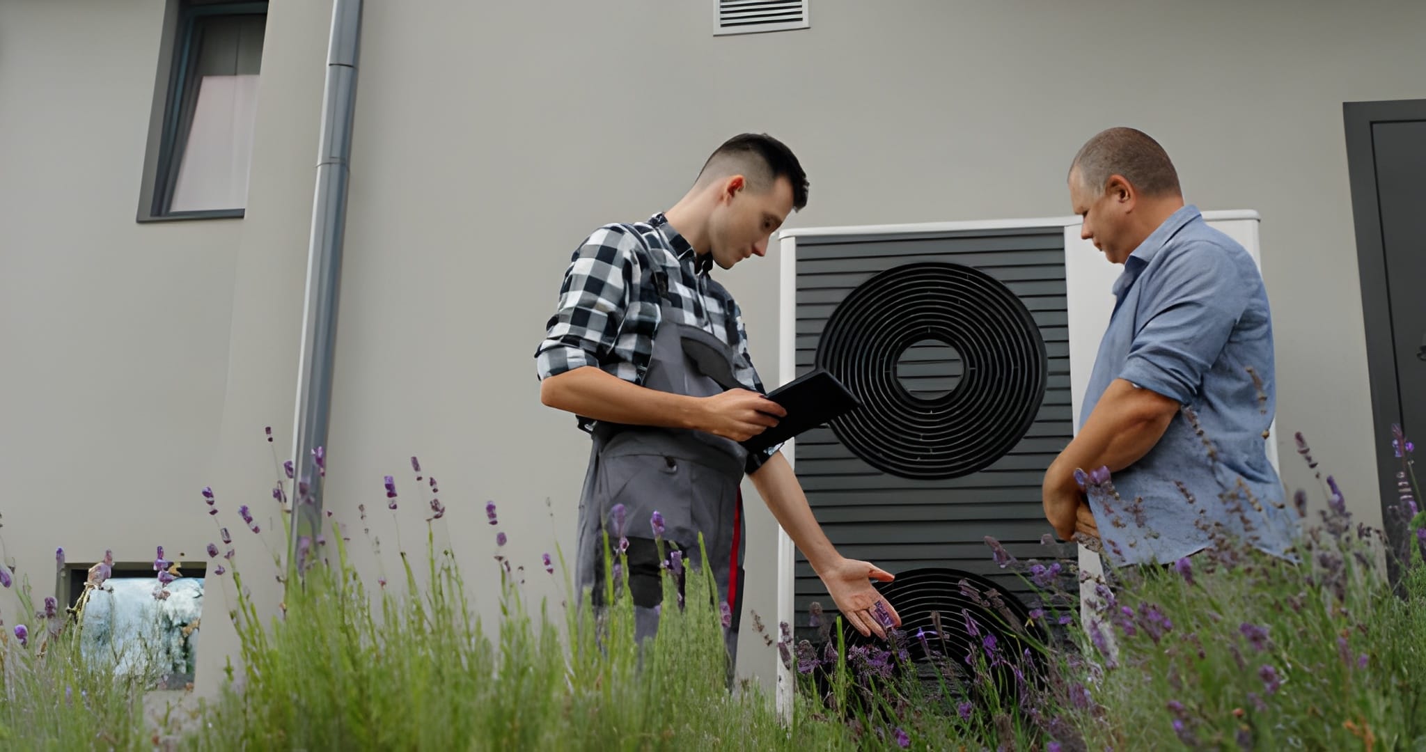 Technicians inspect heat pump near lavender plants outside building