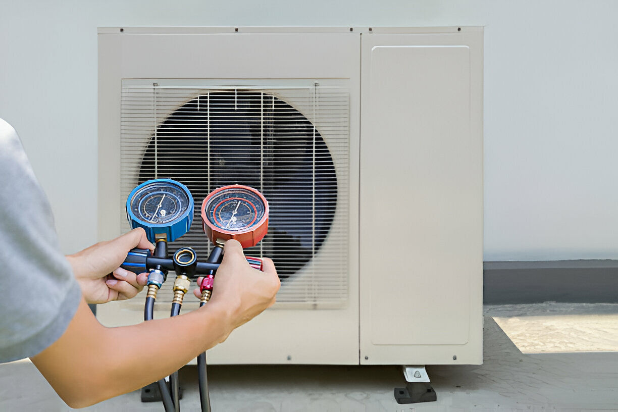 Technician checking air conditioning unit with pressure gauges