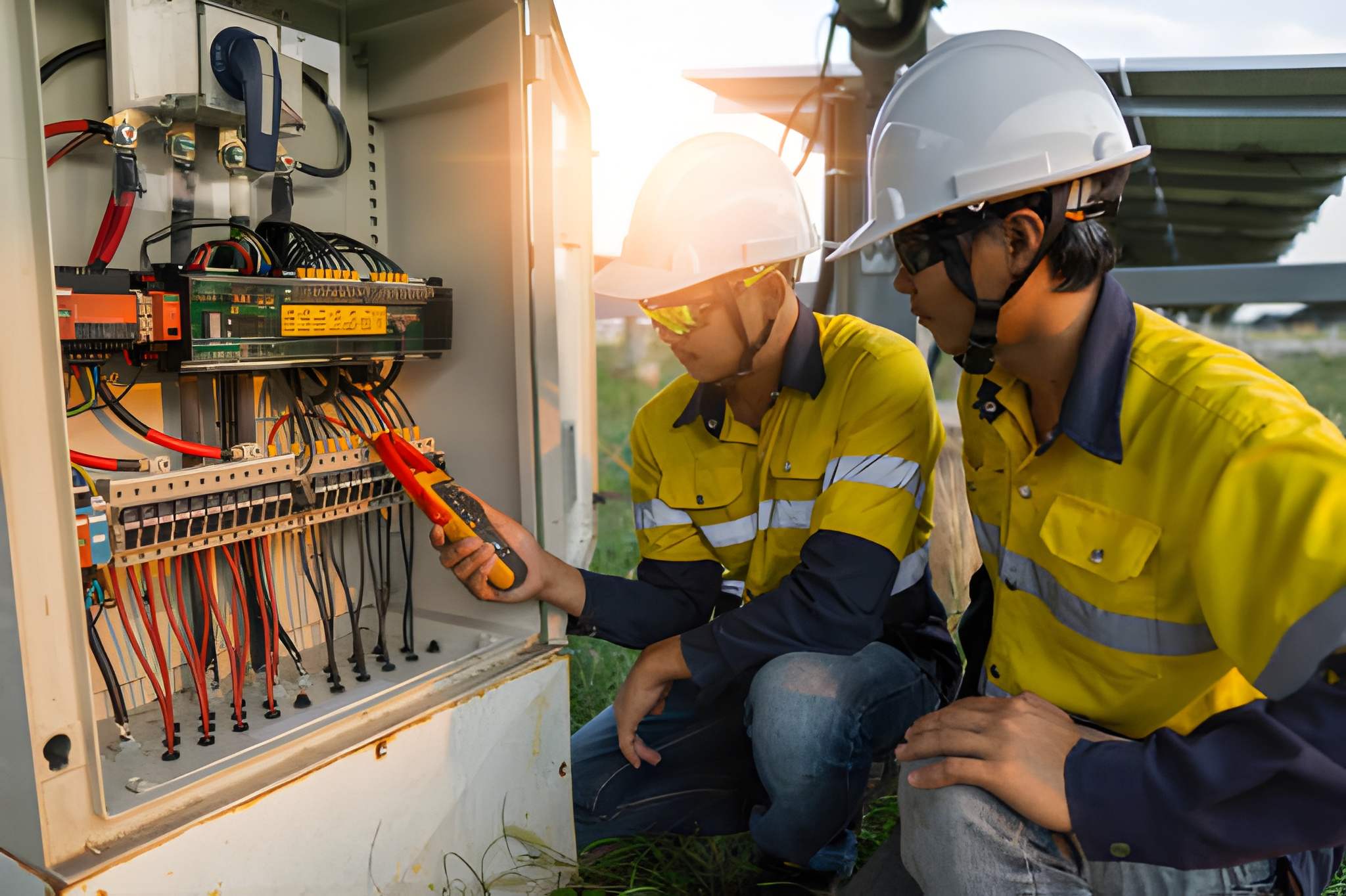 Two electricians checking electrical panel with multimeter in safety gear