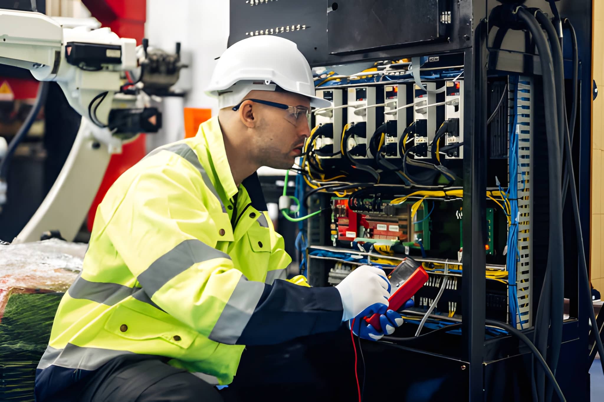 Electrician in safety gear inspects electrical panel with multimeter
