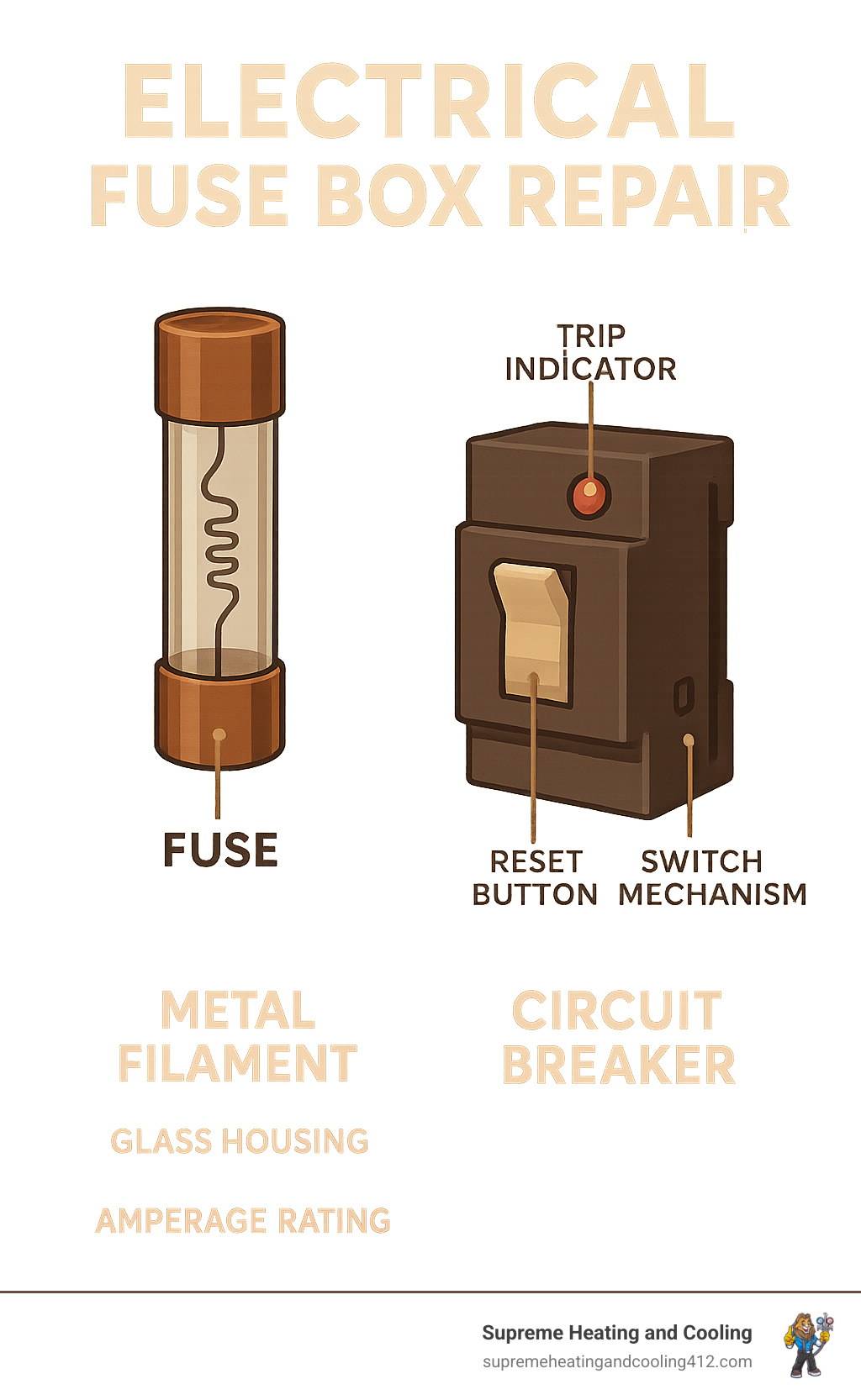Detailed infographic showing the internal components of a fuse box including the metal filament, glass housing, and amperage ratings, compared side-by-side with a modern circuit breaker showing the switch mechanism, reset button, and trip indicator - electrical fuse box repair infographic