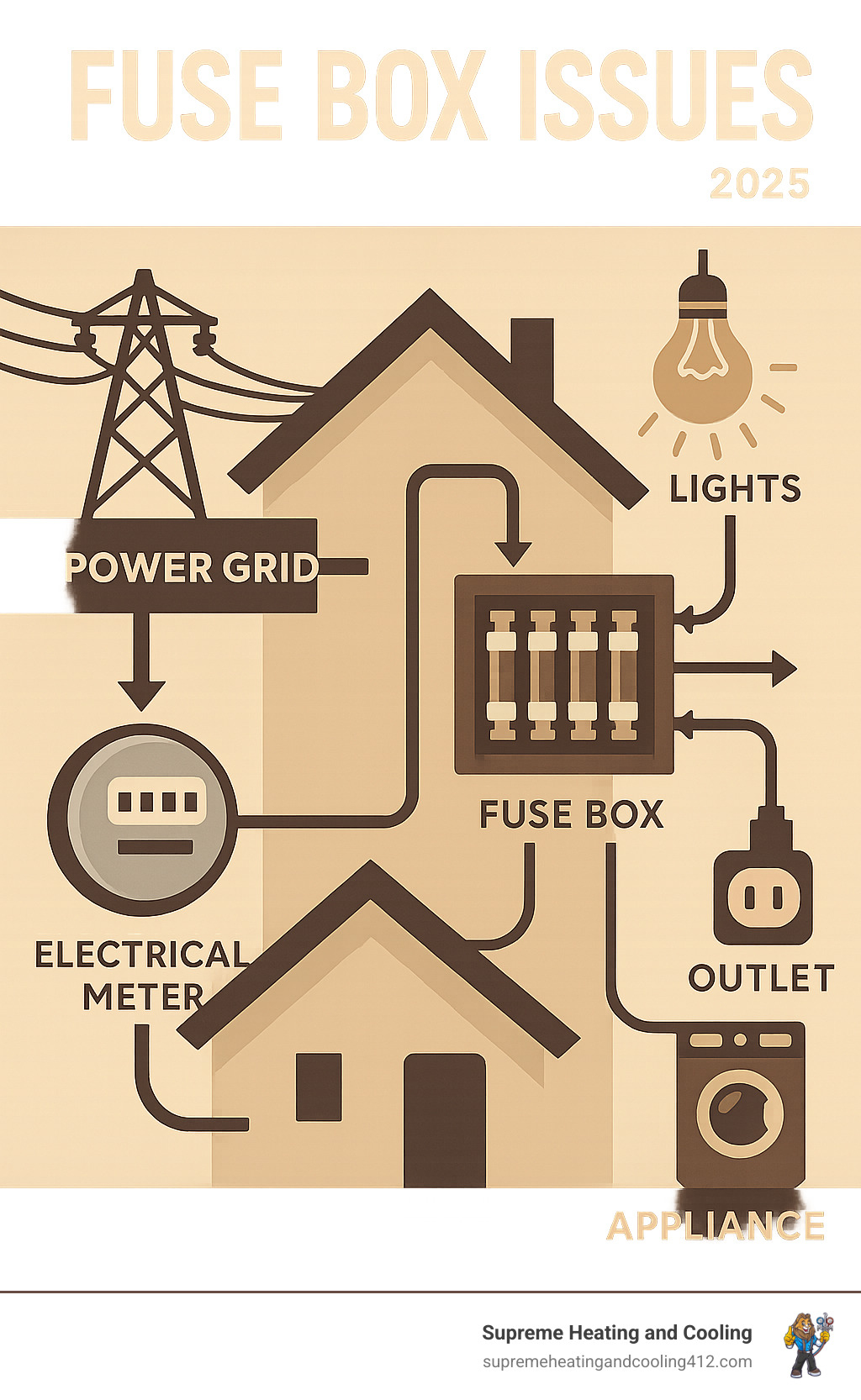Detailed infographic showing the flow of electricity from the power grid through power lines, into a home's electrical meter, then to the main fuse box which distributes power through individual fuses to different circuits powering lights, outlets, and appliances throughout the house - fuse box issues infographic 