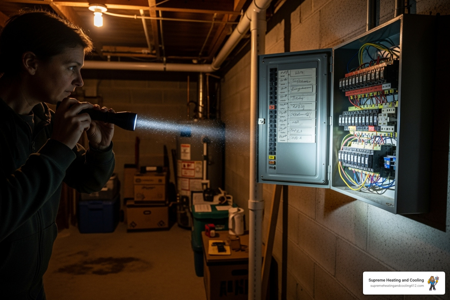 homeowner with flashlight - fuse box issues