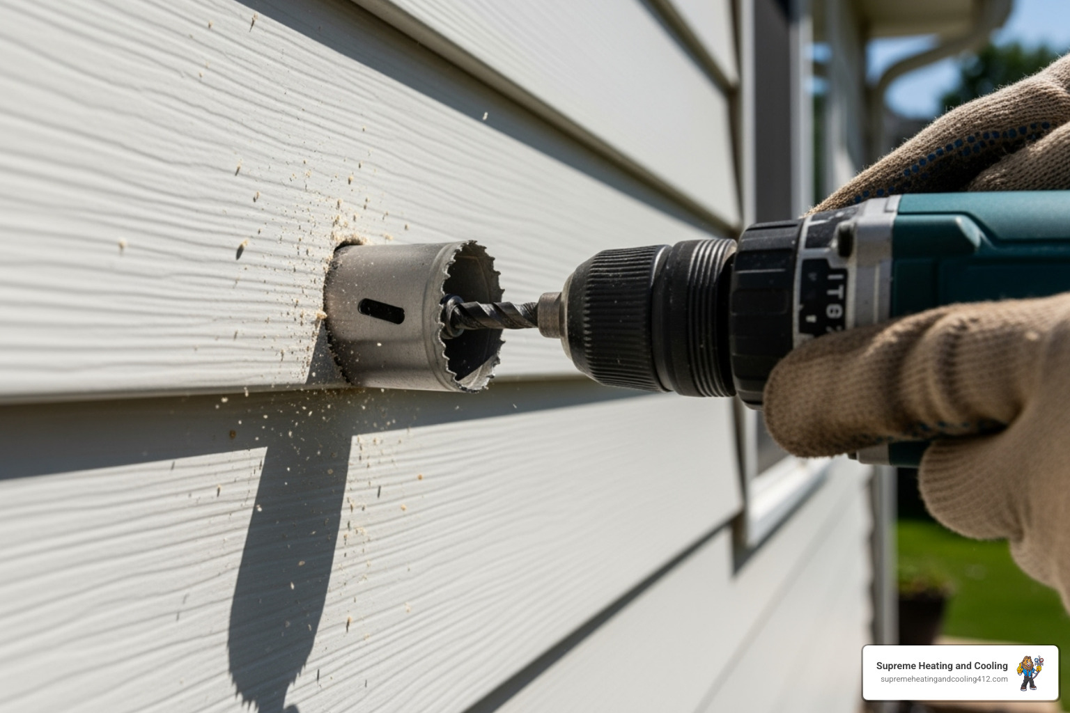 hole saw drilling through an exterior wall - Ductless AC installation
