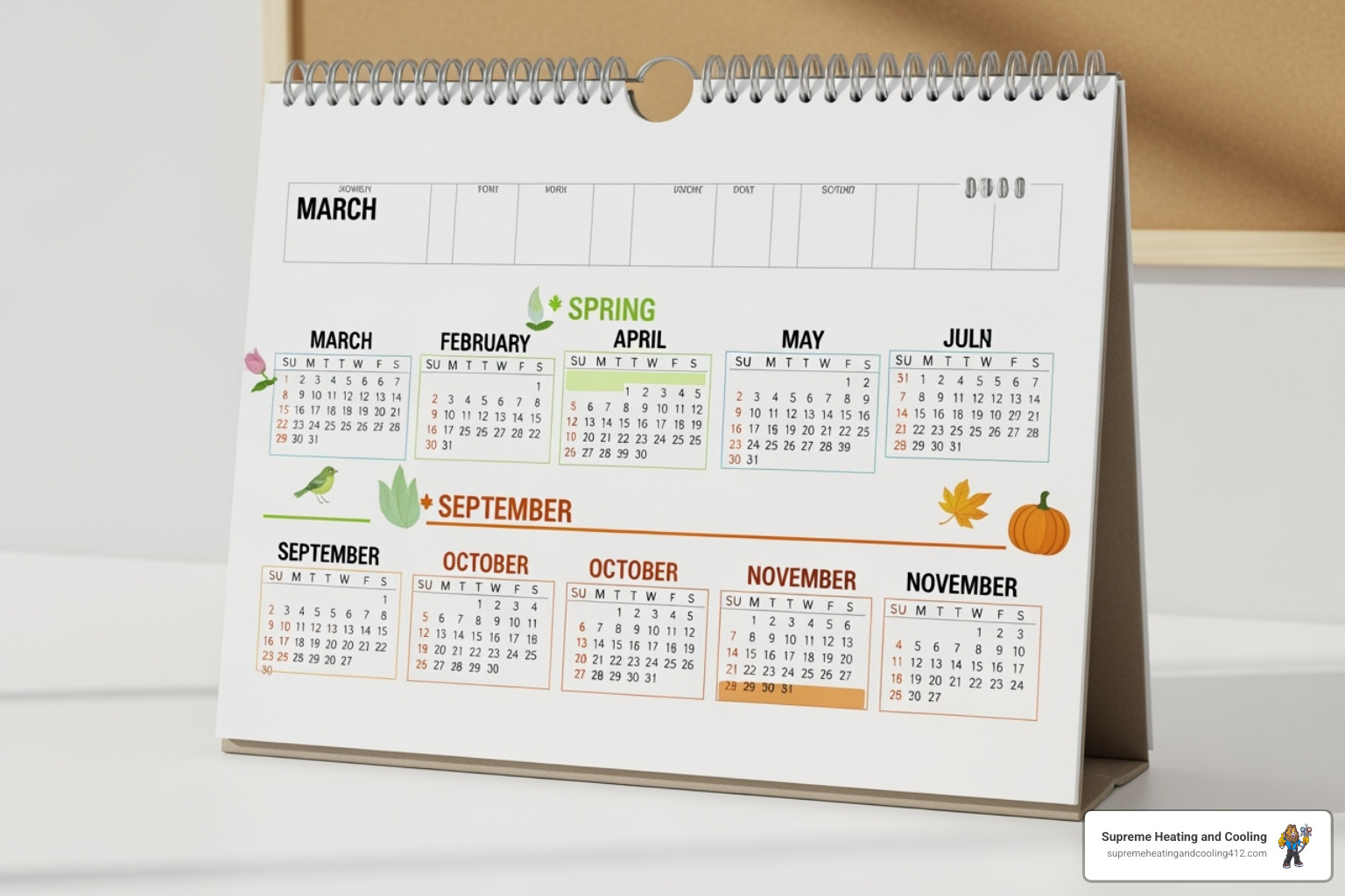 calendar with spring and fall highlighted - annual heat pump service
