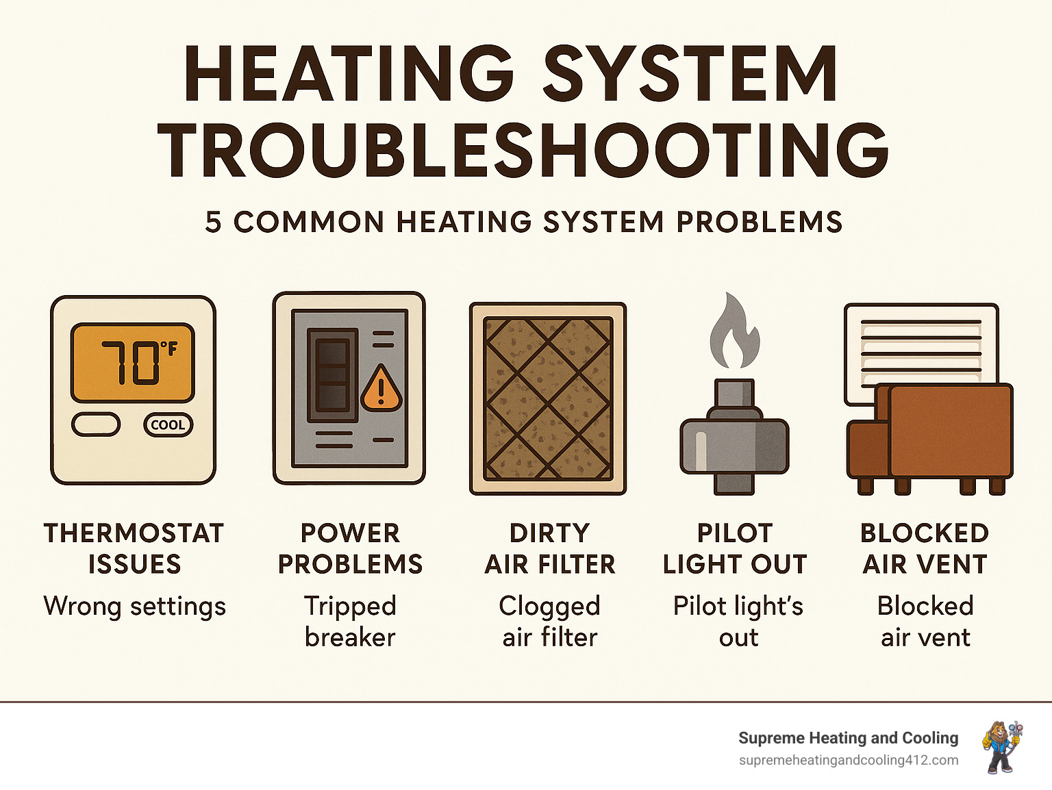 Comprehensive infographic showing the 5 most common heating system problems with visual icons: thermostat with wrong settings, electrical panel with tripped breaker, clogged air filter, pilot light that's out, and blocked air vent with furniture in front - heating system troubleshooting infographic 