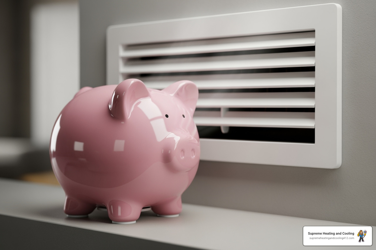 A piggy bank next to an AC vent, symbolizing savings - HVAC preventative maintenance